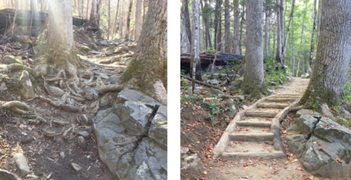 Rainbow Falls Trail before & after