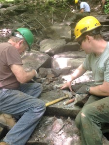 Jim and Josh Shapiro work on Chimney Tops Trail