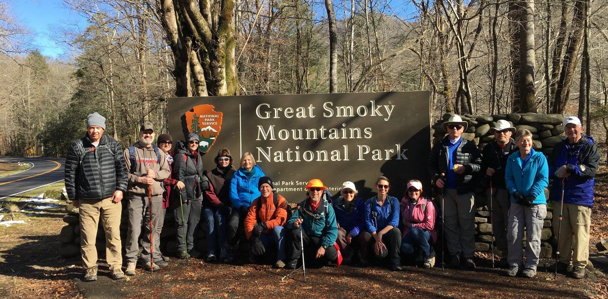 December Classic Hike 2018 hikers with GSMNP sign - photo by Linda Spangler