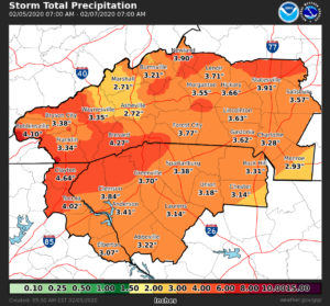 storm total precipitation map Feb 6, 2020