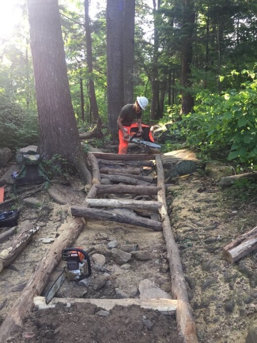 GSMNP Trails Forever crew member working on staircase