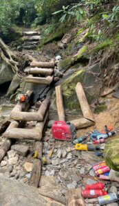 Ramsey Cascades locust log box steps under construction