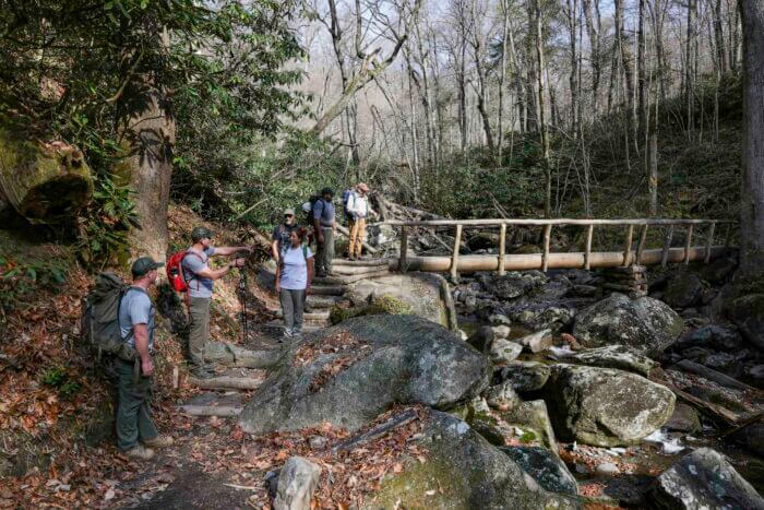 Josh Shapiro explains trail improvements to hikers