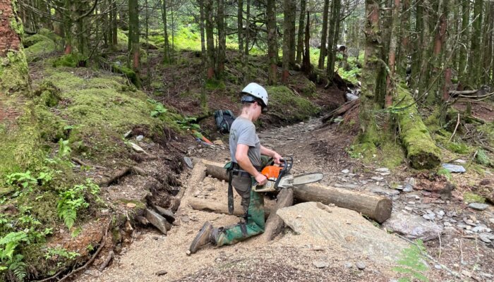 Trails Forever Crew member cuts locust log staircase